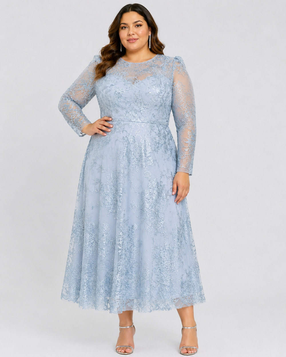 NEW MAC DUGGAL Dress Plus 22 Blue Lace Illusion Modest Midi Tea Length Embroider